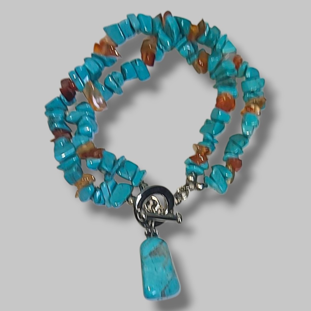 Turquoise & Carnelian Chip Bead Bracelet 7"‎ Toggle Clasp Pendant Charm